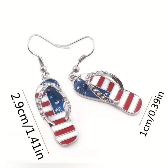 PATRIOTIC USA flip flop dangle earrings with rhinestones, 1 set NWT - Picture 4 of 8